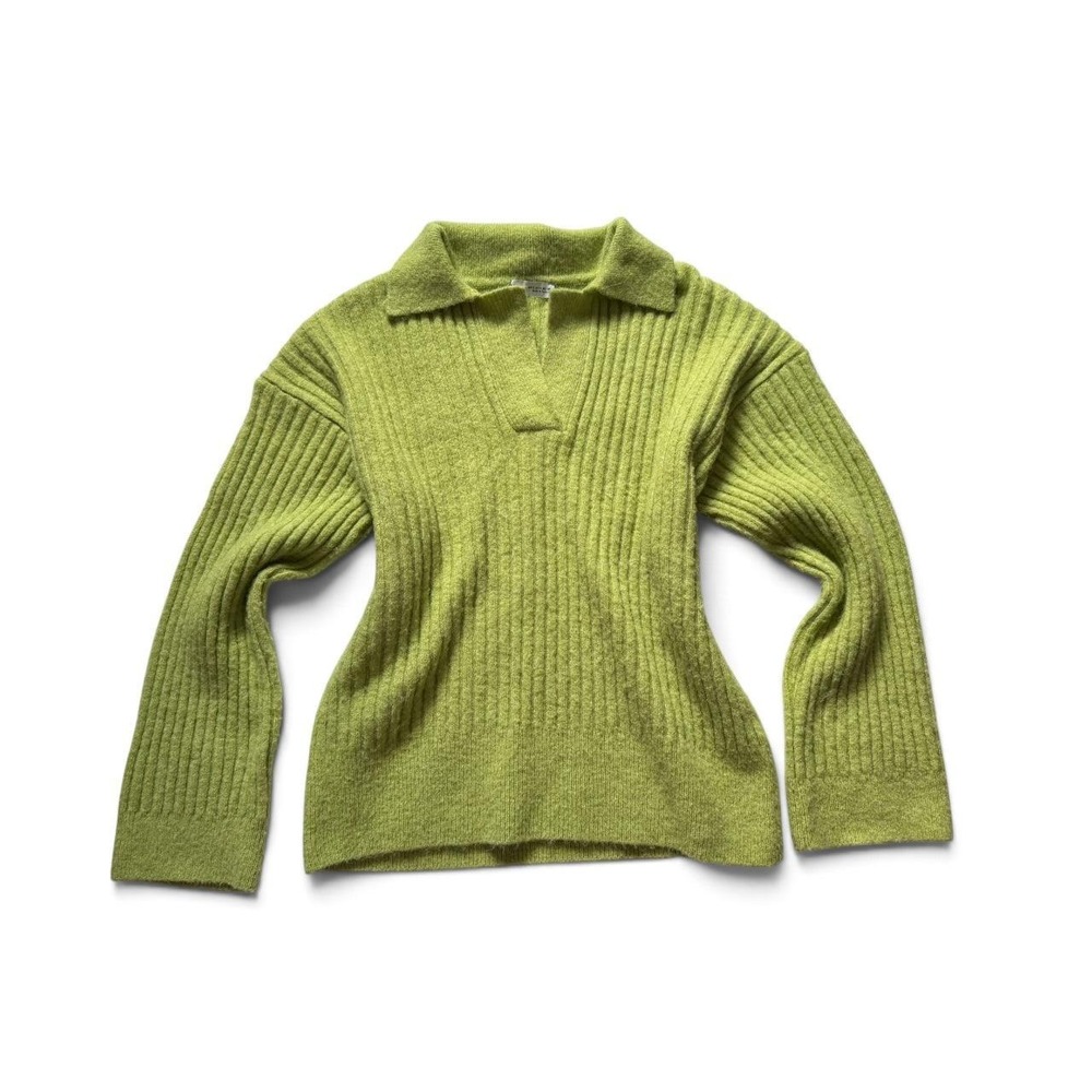 Zara‎ Womens Small Chartreuse Green Chunky Ribbed Oversized Polo Sweater Retro